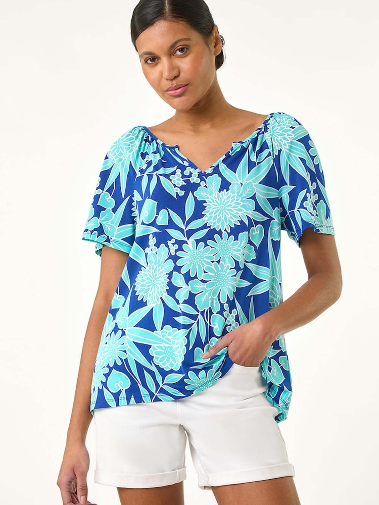 Roman Blue Textured Print Notch Neck Top - Image 1 of 5 Roman Blue Textured Print Notch Neck Top - Image 1 of 5