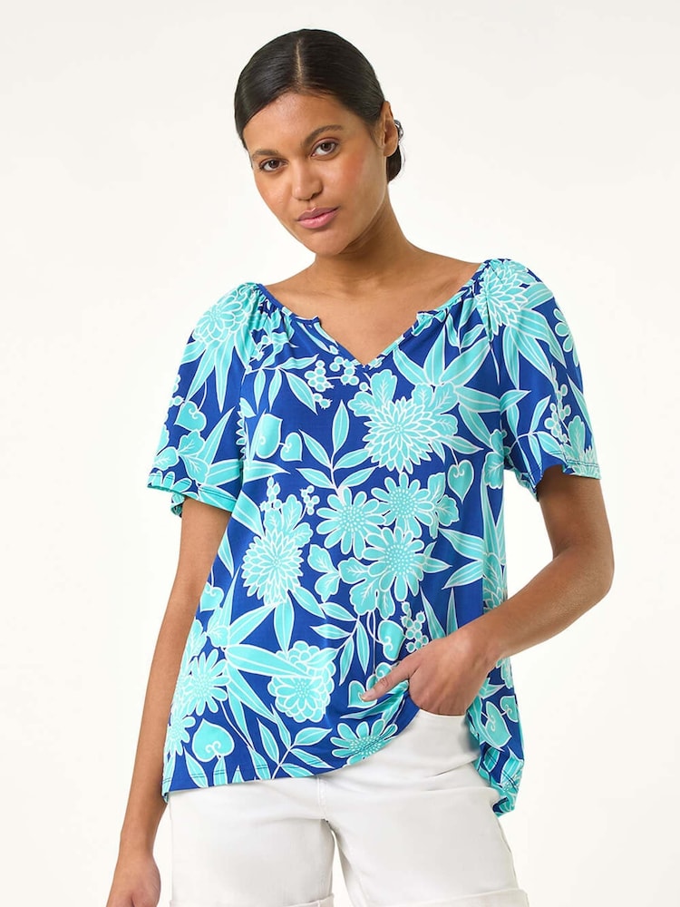 Roman Blue Textured Print Notch Neck Top - Image 2 of 5 Roman Blue Textured Print Notch Neck Top - Image 2 of 5