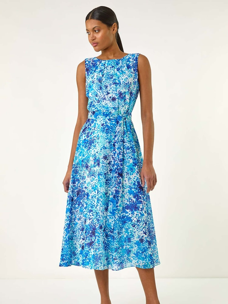 Roman Blue Spot Print Pleated Chiffon Dress - Image 1 of 5