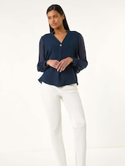 Roman Blue Chiffon Sleeve V-Neck Pleated Top - Image 1 of 4