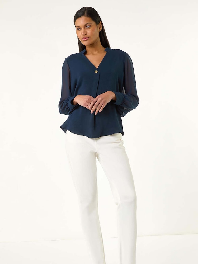 Roman Blue Chiffon Sleeve V-Neck Pleated Top - Image 1 of 4