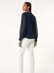 Roman Blue Chiffon Sleeve V-Neck Pleated Top - Image 2 of 4