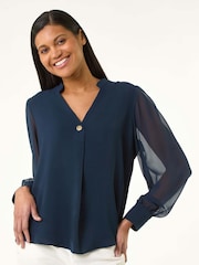 Roman Blue Chiffon Sleeve V-Neck Pleated Top - Image 3 of 4