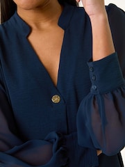 Roman Blue Chiffon Sleeve V-Neck Pleated Top - Image 4 of 4