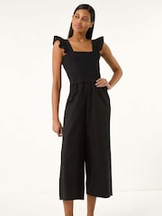 Roman Black Cotton Linen Blend Frill Jumpsuit - Image 1 of 5
