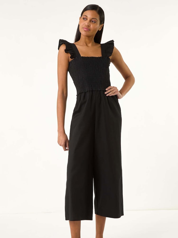 Roman Black Cotton Linen Blend Frill Jumpsuit - Image 1 of 5