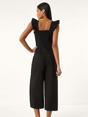 Roman Black Cotton Linen Blend Frill Jumpsuit - Image 4 of 5
