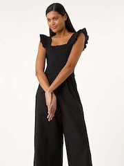 Roman Black Cotton Linen Blend Frill Jumpsuit - Image 5 of 5