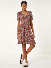 Roman Orange Floral Print V-Neck Wrap Dress - Image 1 of 5