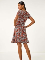 Roman Orange Floral Print V-Neck Wrap Dress - Image 3 of 5