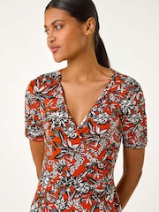 Roman Orange Floral Print V-Neck Wrap Dress - Image 4 of 5