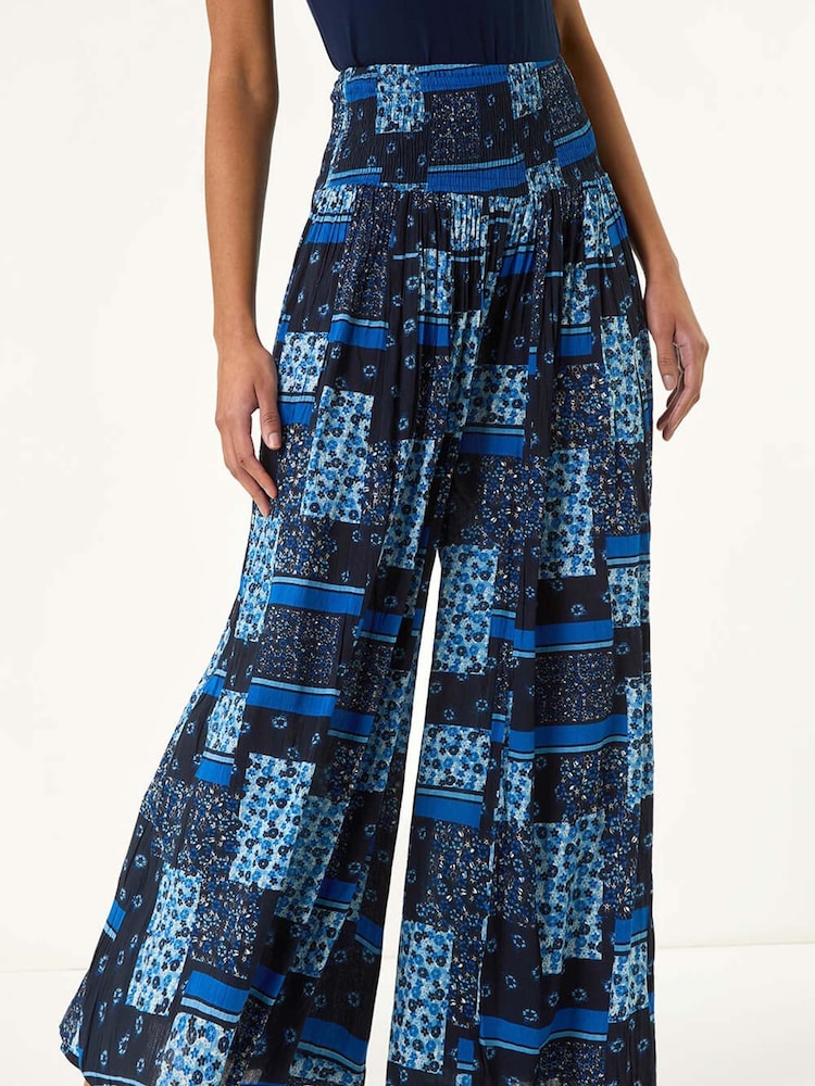 Roman Blue Floral Print Tile Palazzo Wide Leg Trousers - Image 1 of 5