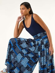Roman Blue Floral Print Tile Palazzo Wide Leg Trousers - Image 3 of 5