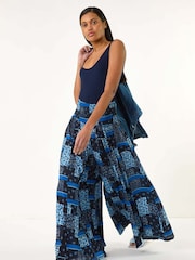 Roman Blue Floral Print Tile Palazzo Wide Leg Trousers - Image 4 of 5