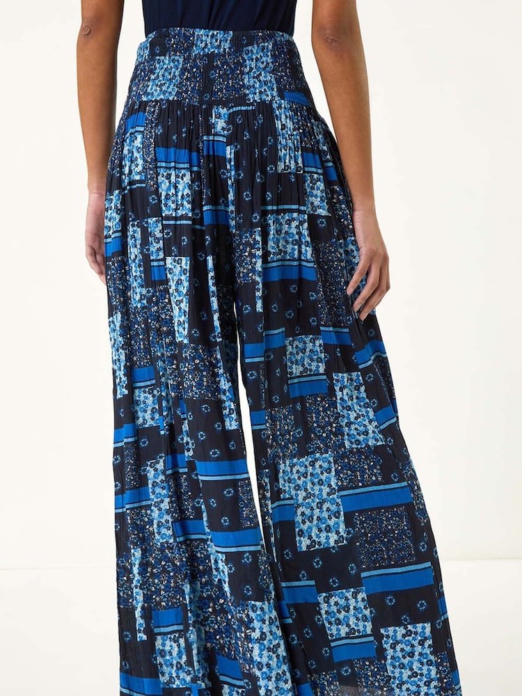Roman Blue Floral Print Tile Palazzo Wide Leg Trousers - Image 5 of 5