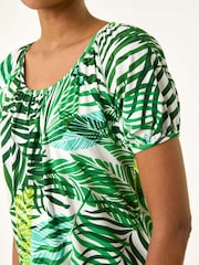 Roman Green Leaf Print Asymmetric Stretch Tunic Top - Image 3 of 5