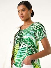Roman Green Leaf Print Asymmetric Stretch Tunic Top - Image 4 of 5