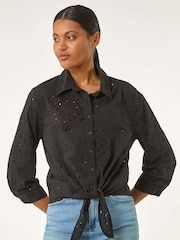 Roman Black Broderie Tie Front 100% Cotton Blouse - Image 1 of 5