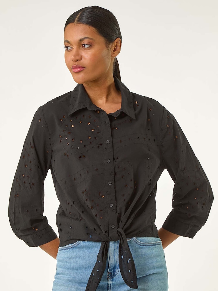 Roman Black Broderie Tie Front 100% Cotton Blouse - Image 1 of 5