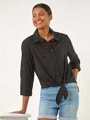 Roman Black Broderie Tie Front 100% Cotton Blouse - Image 2 of 5
