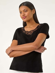Roman Black Lace Neck Trim Stretch 100% Cotton Top - Image 1 of 5