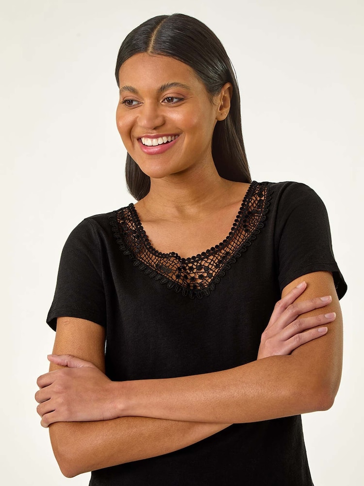 Roman Black Lace Neck Trim Stretch 100% Cotton Top - Image 2 of 5