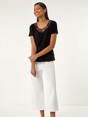 Roman Black Lace Neck Trim Stretch 100% Cotton Top - Image 3 of 5