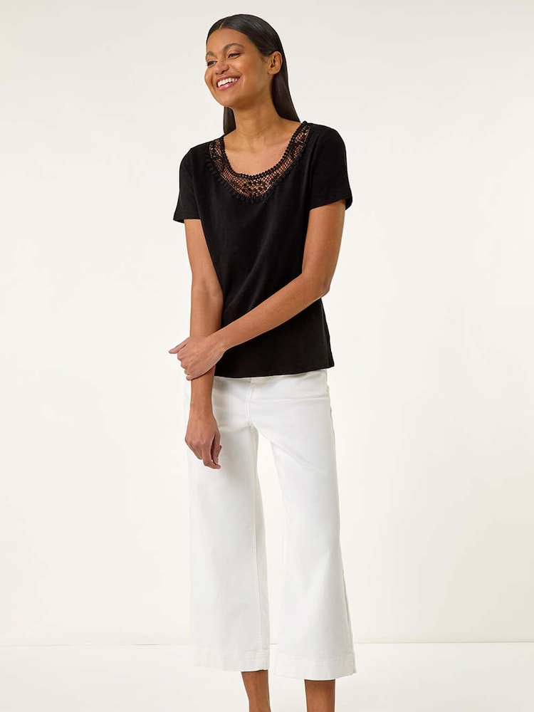 Roman Black Lace Neck Trim Stretch 100% Cotton Top - Image 3 of 5