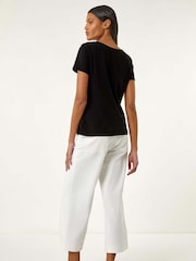 Roman Black Lace Neck Trim Stretch 100% Cotton Top - Image 4 of 5