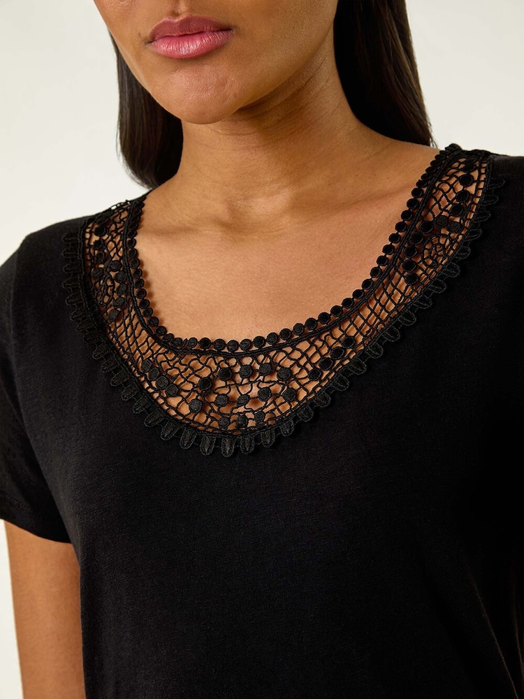 Roman Black Lace Neck Trim Stretch 100% Cotton Top - Image 5 of 5