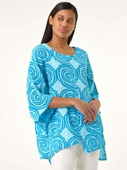 Roman Blue 100% Cotton Spiral Print Asymmetric Tunic Top - Image 1 of 5