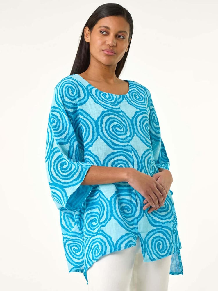 Roman Blue 100% Cotton Spiral Print Asymmetric Tunic Top - Image 1 of 5 Roman Blue 100% Cotton Spiral Print Asymmetric Tunic Top - Image 1 of 5