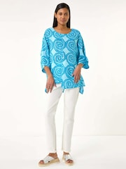 Roman Blue 100% Cotton Spiral Print Asymmetric Tunic Top - Image 2 of 5