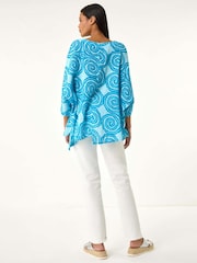 Roman Blue 100% Cotton Spiral Print Asymmetric Tunic Top - Image 3 of 5