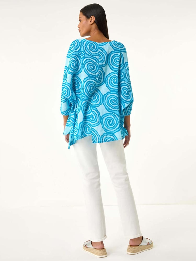 Roman Blue 100% Cotton Spiral Print Asymmetric Tunic Top - Image 3 of 5