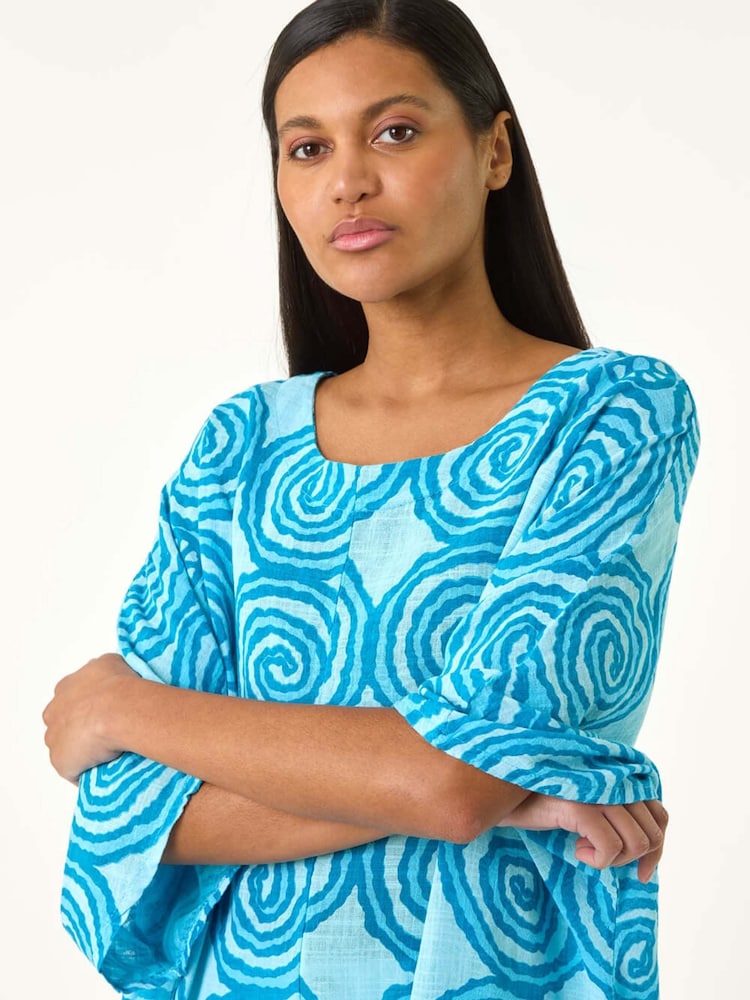Roman Blue 100% Cotton Spiral Print Asymmetric Tunic Top - Image 4 of 5