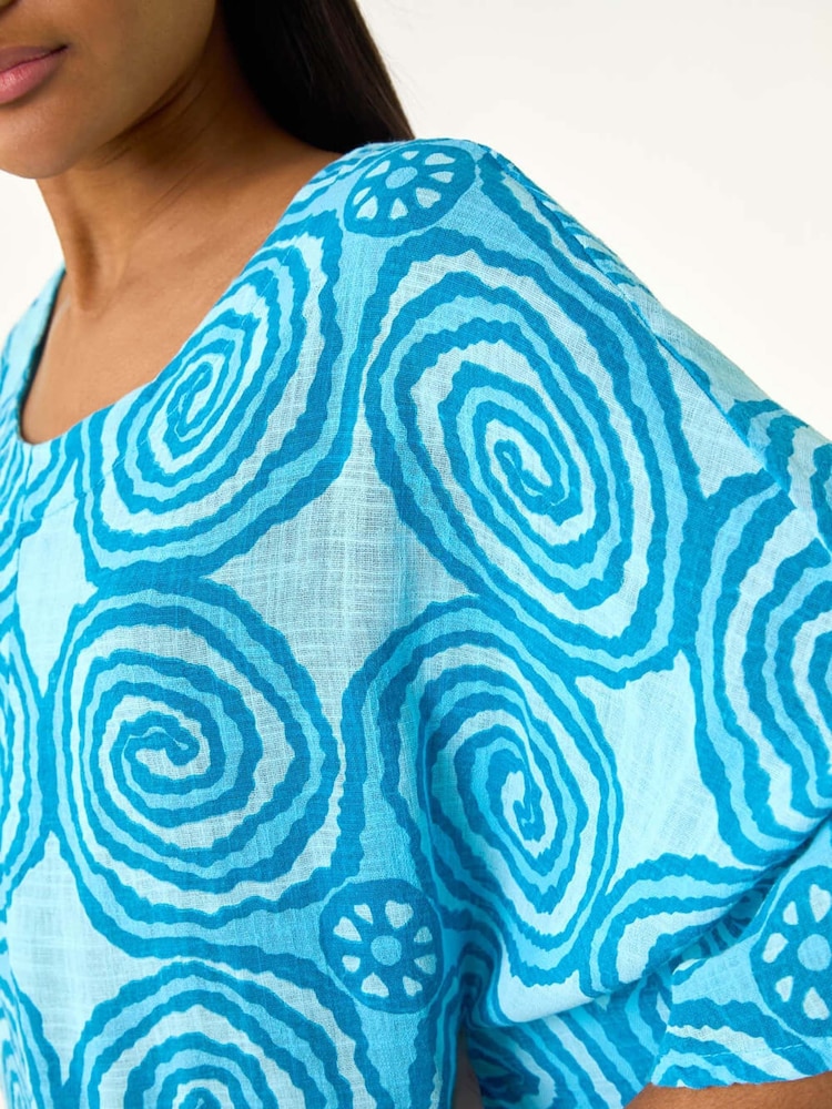 Roman Blue 100% Cotton Spiral Print Asymmetric Tunic Top - Image 5 of 5