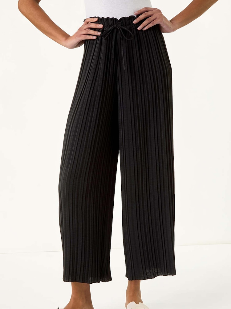 Roman Black Pleated Wide Leg Stretch Culottes Trousers - Image 1 of 5