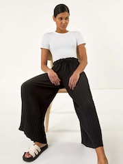 Roman Black Pleated Wide Leg Stretch Culottes Trousers - Image 3 of 5
