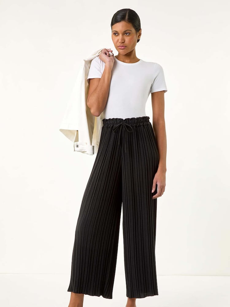 Roman Black Pleated Wide Leg Stretch Culottes Trousers - Image 5 of 5