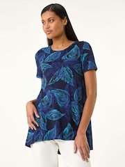 Roman Blue Leaf Print Stretch Tunic Top - Image 1 of 5