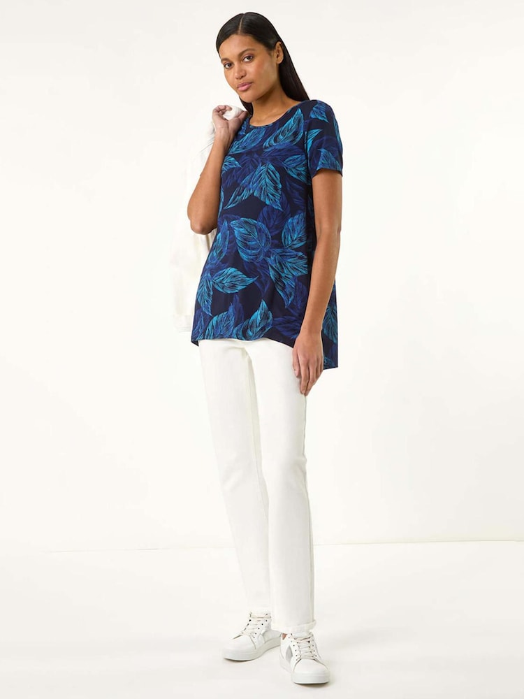 Roman Blue Leaf Print Stretch Tunic Top - Image 2 of 5