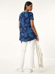 Roman Blue Leaf Print Stretch Tunic Top - Image 3 of 5