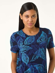 Roman Blue Leaf Print Stretch Tunic Top - Image 4 of 5