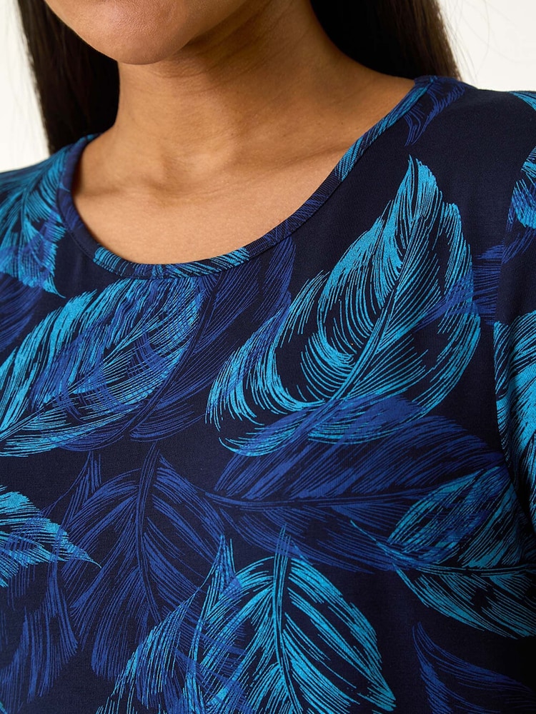 Roman Blue Leaf Print Stretch Tunic Top - Image 5 of 5