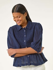 Roman Blue Shirred Printed 100% Cotton Blouse - Image 1 of 6