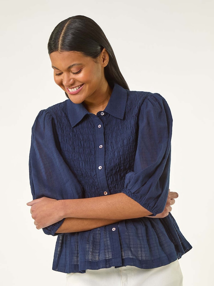 Roman Blue Shirred Printed 100% Cotton Blouse - Image 1 of 6