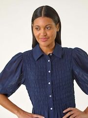 Roman Blue Shirred Printed 100% Cotton Blouse - Image 2 of 6