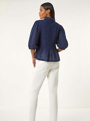 Roman Blue Shirred Printed 100% Cotton Blouse - Image 3 of 6