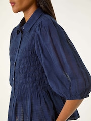 Roman Blue Shirred Printed 100% Cotton Blouse - Image 4 of 6